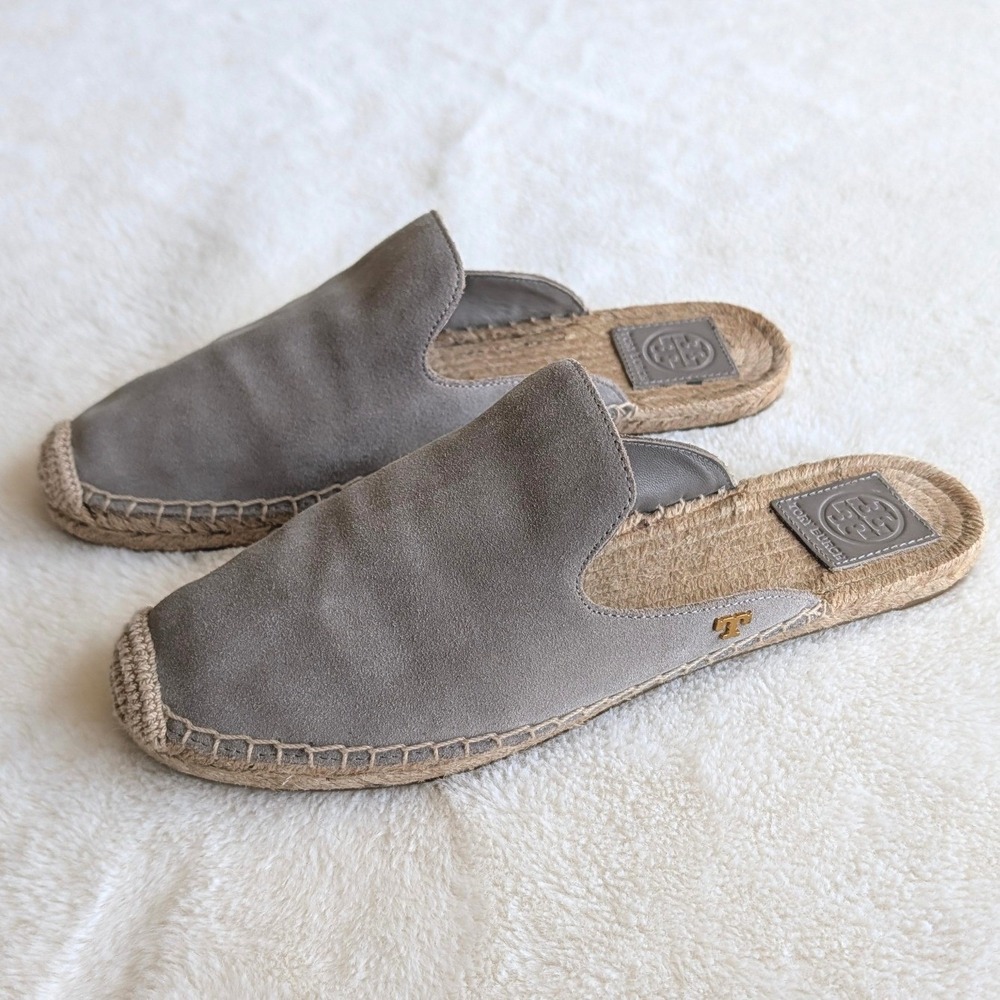 Tory Burch Gray Suede Espadrille Mules Slip On Flats Logo Gray Women Size 9